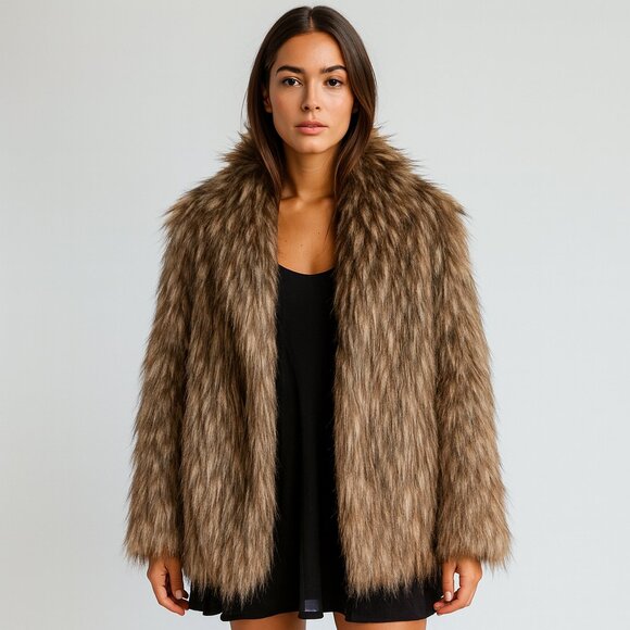 Lovers + Friends Fur Jacket Coat Taupe Brown Long Pile Open Front Mob Wife M - Picture 14 of 14